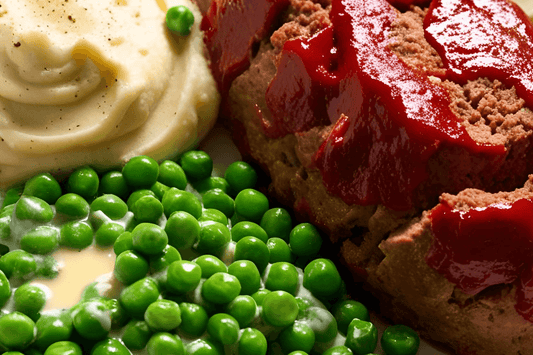 Beef Meatloaf, Green Peas, and Mashed Potatoes